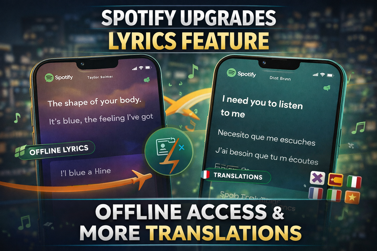 Spotify lyrics feature upgrade showing offline access and multiple language translations